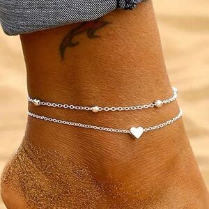 Delicate Double Layer Heart Anklet in Silver